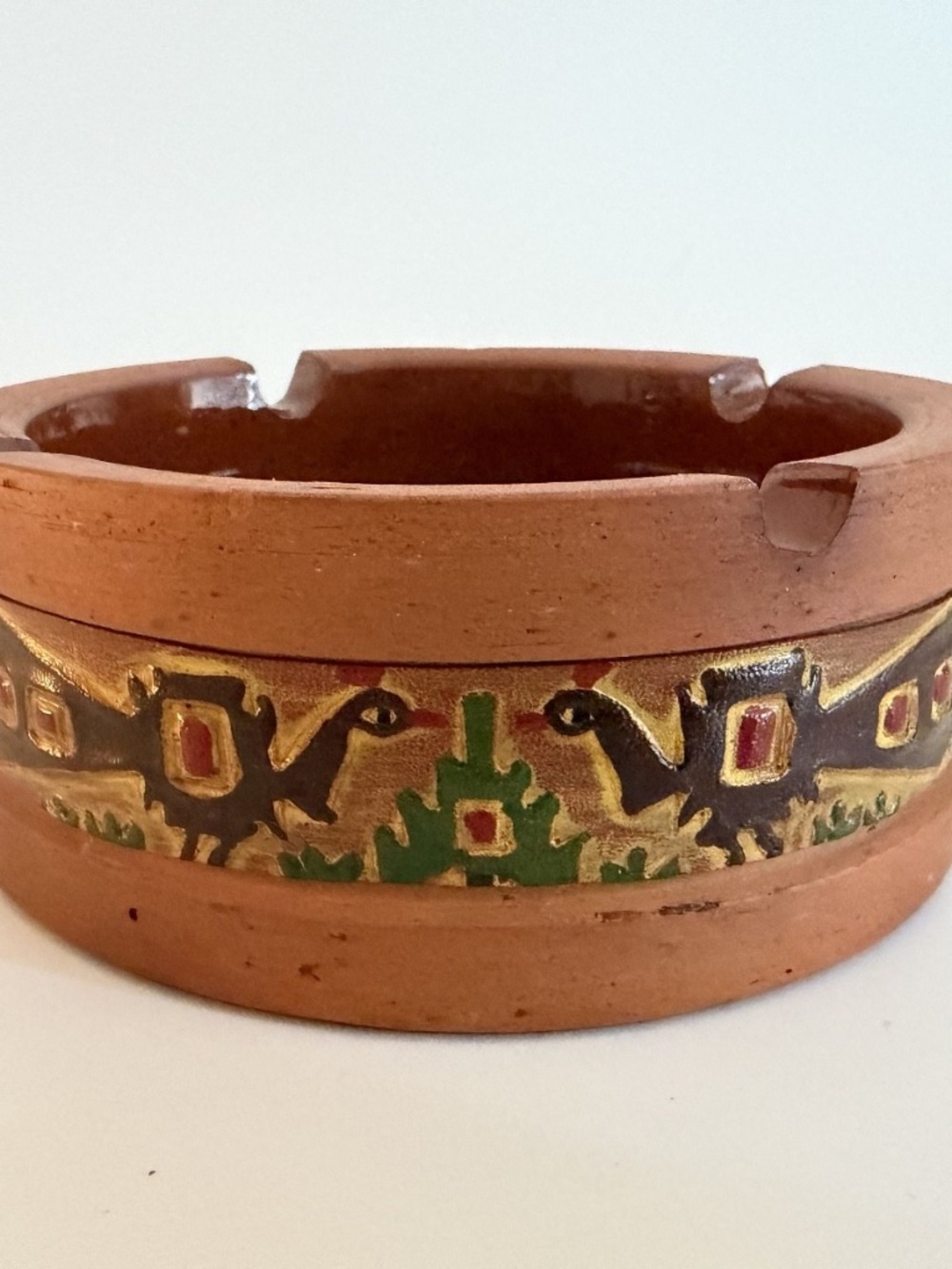 VTG Incan Style Bird Geometric Terracotta Clay 4" Trinket Dish Ashtray Folk Art